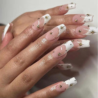 24Pc French White Edge Fake Nails With Rhinestone Pearl Design Press On Nail Tips Acrylic Detachable Coffin False Nails Art