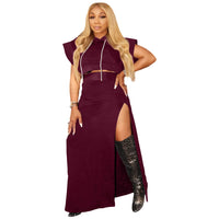 Plus Size avail Two Piece Sets Hooded Sleeveless Top Split Long Skirt Suits