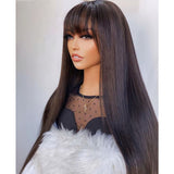 Glueless Black Soft 26 Inch Long Silky Straight Synthetic Machine Wig With Bangs High Temperature Daily Use