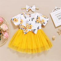 Baby Girl Dress Cotton Floral Short Sleeve Gauze Skirt and Bowknot Headband 2Pcs Outfit bby