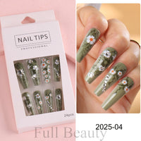 24 Pcs Full Cover False Nails Rhinestones Charms Press On Fake Nails Wearable Fake Nails Artificial Manicure Accessories