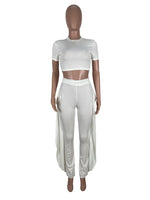 Solid Tracksuit O Neck Short Sleeve Crop Top + Ruffles Pants Slim Two Piece Set