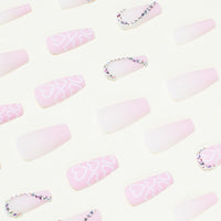 24Pcs/Box Pink Heart Rhinestones Are Detachable Fake Nails Press On Nails With Designs Short Ballet  Full Cover Acrylic Tips