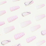 24Pcs/Box Pink Heart Rhinestones Are Detachable Fake Nails Press On Nails With Designs Short Ballet  Full Cover Acrylic Tips