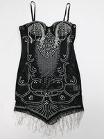 Sparkle Sheer Mesh Black Rhinestone Fringed Short Party Dress