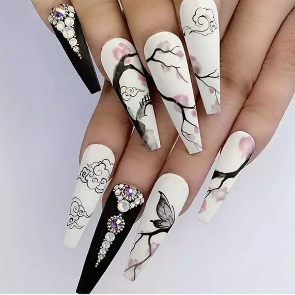 False Nails With Designs Chinese Style Ink Painting Diamond Wearable Press On Nails French Temperament Fake Nail Gift