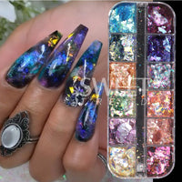 12 Grids Opal Dream Crystal Sequins Nail Flake Galaxy Iridescent Aurora 3D Paillette for Winter Autumn Manicure Decoration