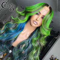 Loose Wave Ginger Green Blue Highlight Ombre Color Synthetic Glueless Invisible 13X4 Lace Front Wigs