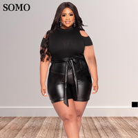Leather Pants  Solid Color Hollow Out Top Sexy Leather Trouser Shorts Sets Plus Size avail