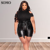 Leather Pants  Solid Color Hollow Out Top Sexy Leather Trouser Shorts Sets Plus Size avail