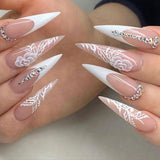 24Pcs Extra Long Almond False Nails with Dragon Pattern Designs Wearable French Fake Nails Full Cover Nail Tips Press On Nails