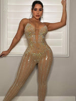 Sparkle Sheer Mesh Crystal Rompers Womens Glam See-Through Rhinestone Long bodysuit Jumpsuits