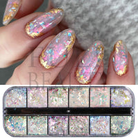 12 Grids Opal Dream Crystal Sequins Nail Flake Galaxy Iridescent Aurora 3D Paillette for Winter Autumn Manicure Decoration