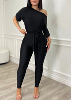 Off The Shoulder Short Sleeved Solid Color Long Jumpsuit bodysuit