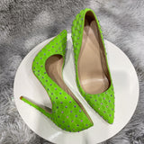 Green Plaid Pattern Rhinestones  Pointy Toe High Heel Shoes Sexy Stiletto Pumps 11+