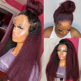 Glueless Ombre Burgundy Color Kinky Straight 99j Lace Front Wig Fiber Hair Wigs 180% Density Pre Plucked With BabyHair