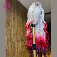Ombre Red Platinum Blonde Body Wave Synthetic 13×4 Transparent Lace Front Wig Glueless Preplucked