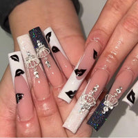 24pcs/box Fake Nails With Design Tai Chi White Black Full Cover Acrylic Press On Fake Nails Sets With Glue Long Artifical Nails - Divine Diva Beauty