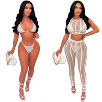 Sexy See Through Mesh Two Piece Sets Crop Top and Leggings with Bikini Set