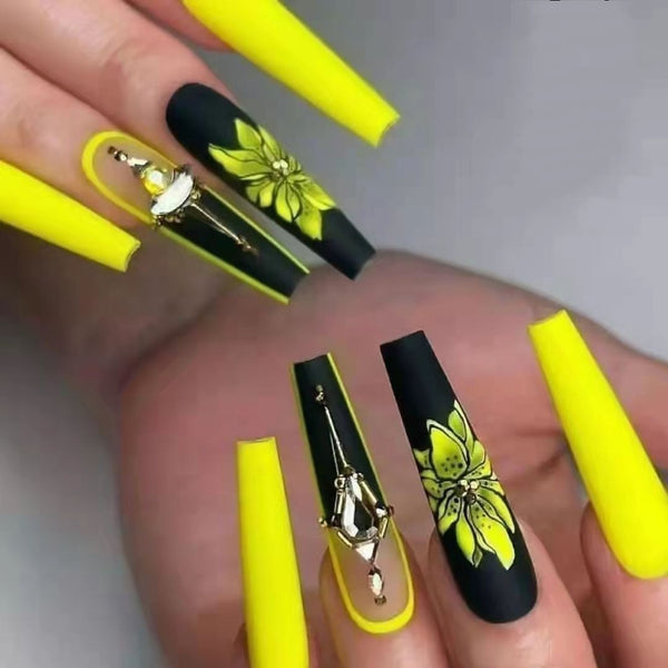 3D fake nails press on faux ongles capsule French long coffin tips DIY manicure supplies yellow flowers designs false nails