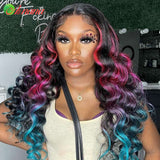 Ombre highlight Pink Blue Colored Loose Wave Hair Wig 13x6 Lace Frontal Wig Transparent 5x5 Lace Closure Human Hair Wigs