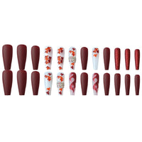 Autumn Winter New False Nails With Designs Long Ballerina Maple Leaf Fake Nails Press On Nails Wine Red French Coffin Nail Tips