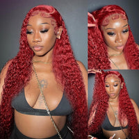 99J Burgundy Transparent Deep Wave Lace Frontal Wig 13x4 Red Color Brazilian Remy T Part Wig Curly Human Hair Wigs