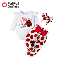 PatPat 3pcs Baby Girl Clothes New Born Overalls Newborn Baby Stuff Infant Long-sleeve Ladybug Romper Bowknot Headband Set