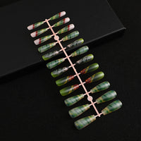 3D fake nails press on faux ongles green grass flower designs long french coffin tips DIY manicure decorations false nails