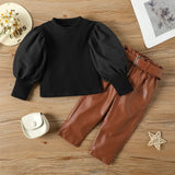 Elegant Fashion Kids Girls Clothes Puff Sleeve Ribbed Blouse  Tops PU Leather Long Pnts With Blt 2PC Girls bby