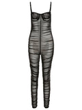 Sexy Mesh Bodycon Camisoles Backless Hollow Transparent Low-cut High Waist Nightclub Bar High Street Fashion Jumpsuit BODYSUIT