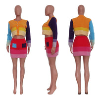 2 Two Piece Set Skirts Long Sleeve Crop Top Mini Skirts Patchwork Dress Sets