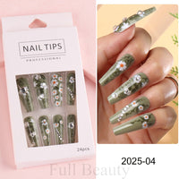 24 Pcs Full Cover False Nails Rhinestones Charms Press On Fake Nails Wearable Fake Nails Artificial Manicure Accessories