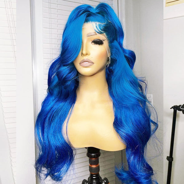 13x4 13x6 Transparent Lace Frontal Body Wave Human Hair Wig Blue Color Brazilian Remy Lace Front Human Hair Wigs SALE