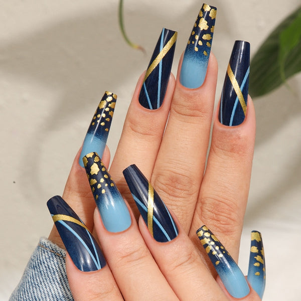 24Pcs Wearable Coffin False Nails Gradient Blue Press on Nails Long Ballet Square Fake Nail Tips Acrylic Full Cover Manicure