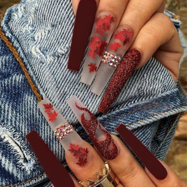 Autumn Winter New False Nails With Designs Long Ballerina Maple Leaf Fake Nails Press On Nails Wine Red French Coffin Nail Tips