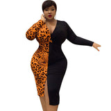 Plus Size avail Women Clothing Temperament Dresses Patchwork Leopard Bodycon Dress Deep V Neck Sexy Slit Dress