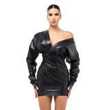 Long Sleeve Pu Leather Bodycon Party Club Streetwear Mini Dress