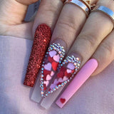 24Pcs/Box False Nails With Glue Red Pink Heart Design Press On Nails Wearable Fake Nails With Rhinestones Glitter Manicure Tips