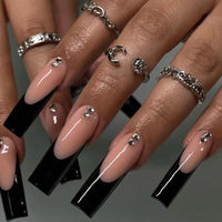 24pcs Black French artificial nails with designs Queen Mother rhinestone removeable fake nails with glue press on nails long