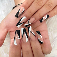 24pcs/Box French Black white Coffin False Nail Tips Press On Nails Ballerina Geometry Fake Nails with Design Manicure Patches