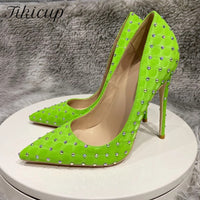 Green Plaid Pattern Rhinestones  Pointy Toe High Heel Shoes Sexy Stiletto Pumps 11+