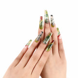 3D fake nails press on faux ongles green grass flower designs long french coffin tips DIY manicure decorations false nails