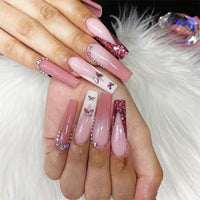 24pc Long Coffin Acrylic Fake Nails Wearable Ballerina Rhinestone Butterfly Glitter Full Cover Nail Tips Press On Nails