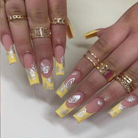 Long Coffin Gold and Silver Foil Butterfly False Nails Wearable French Ballerina Fake Nails Full Cover Nail Tips Press On Nails