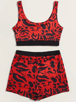 Plus Size avail Two Piece Sporty All Over Print Red Camo Shorts Set