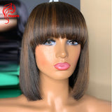 Straight Short Bob Wig With Bangs Highlight Human Hair Wig With Bangs Remy Brazilian Glueless Full Machine Made Wig