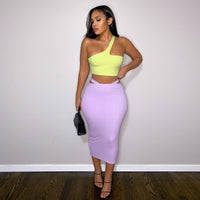 Bodycon Skinny Two Piece Set All Asymmetrical Neck Crop Top