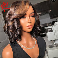 Short Bob Human Hair Wigs Pre Plucked Highlight Colored Wave Brazilian Remy 4x4 Bob Lace Closure Wig