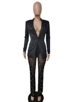 Women Blazer Pearls Pants Two Piece Set Long Sleeve Single Button Jacket Top See Through Mesh Trousers Fashion Suits